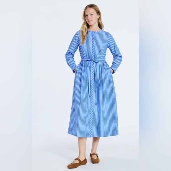 100% Cotton Long Sleeve Blue Striped Belted Shirt Dress - Picture 2 of 2